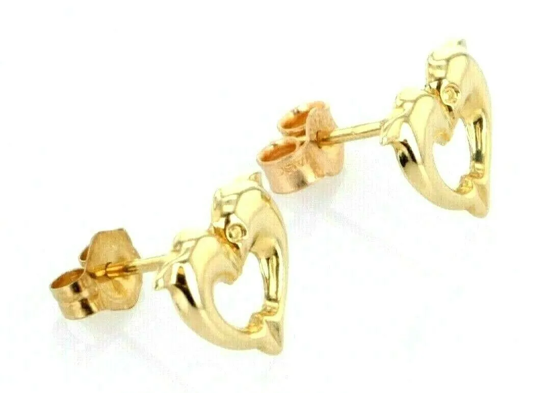 14k Yellow Gold Kid Baby Heart Dolphin Stud Earrings 0.5g