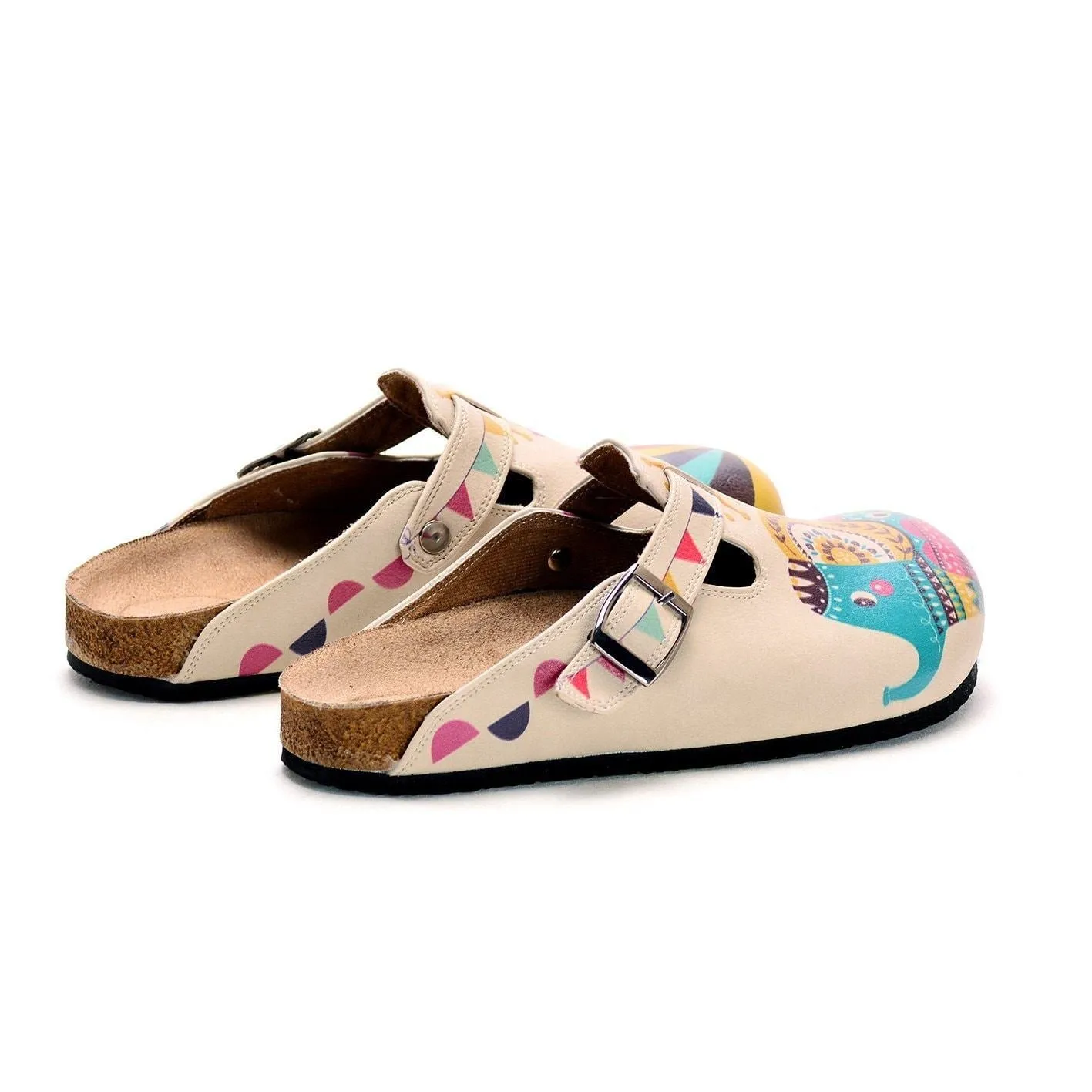 Blue, Pink Orange Color Elephant and Rainbow Round Ball and Purple Bird Patterned Clogs - CAL301