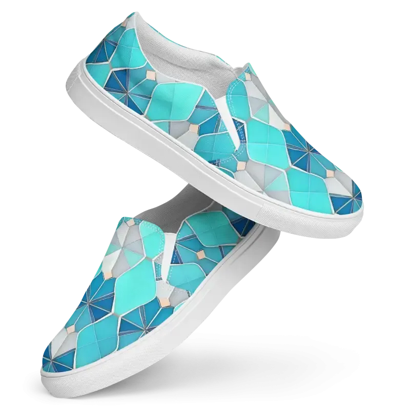 Bold Mens Slip Canvas Shoes with Blue Abstract Pattern