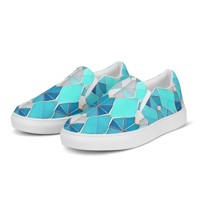 Bold Mens Slip Canvas Shoes with Blue Abstract Pattern