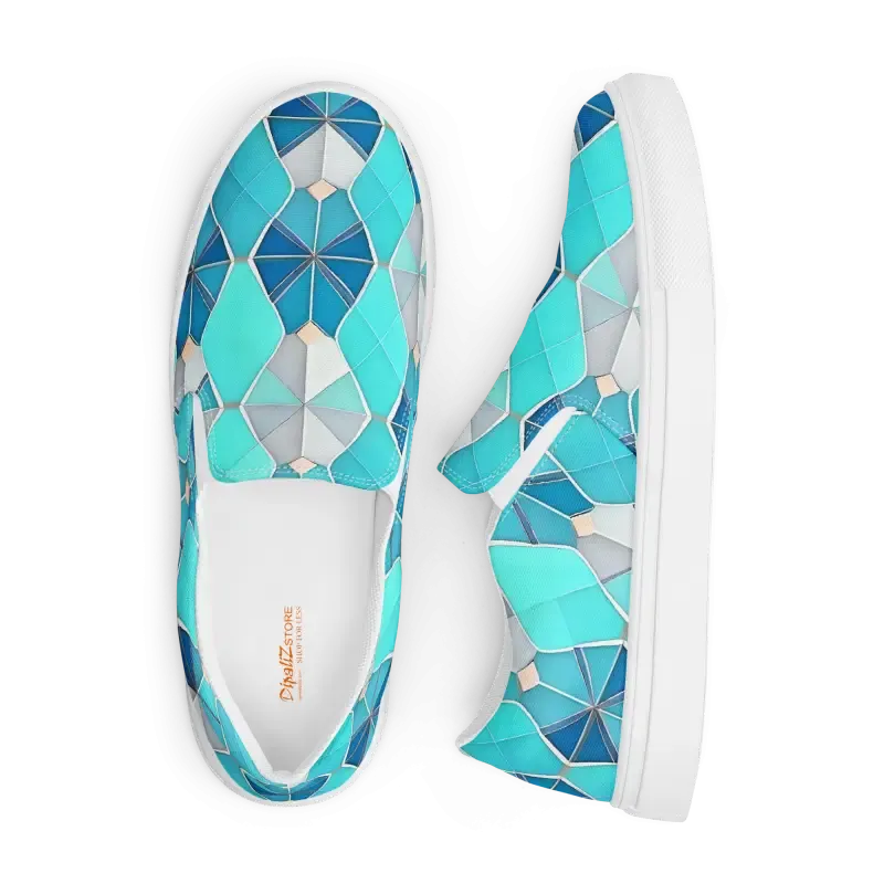 Bold Mens Slip Canvas Shoes with Blue Abstract Pattern