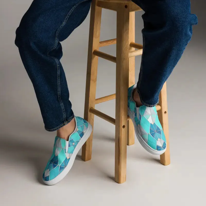 Bold Mens Slip Canvas Shoes with Blue Abstract Pattern