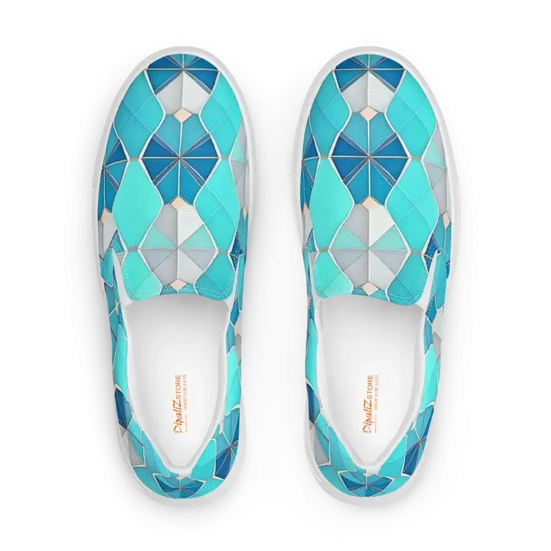 Bold Mens Slip Canvas Shoes with Blue Abstract Pattern