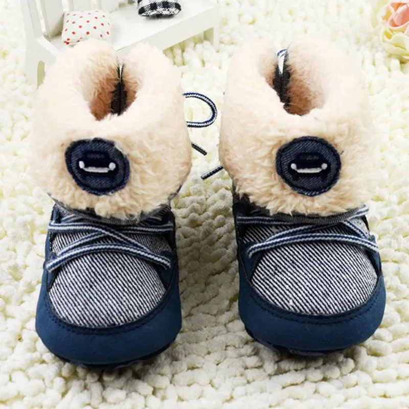 born Baby Boy Prewalker Soft Snow Boots Faux Fur Lace Boots Snow Crib Shoe 0-18M S01