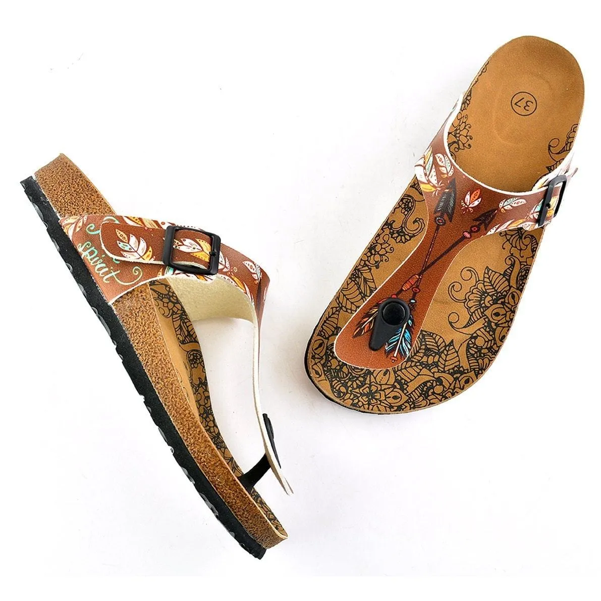 Brown Colored and Black Colored Feather Arrow Patterned Sandal - CAL510