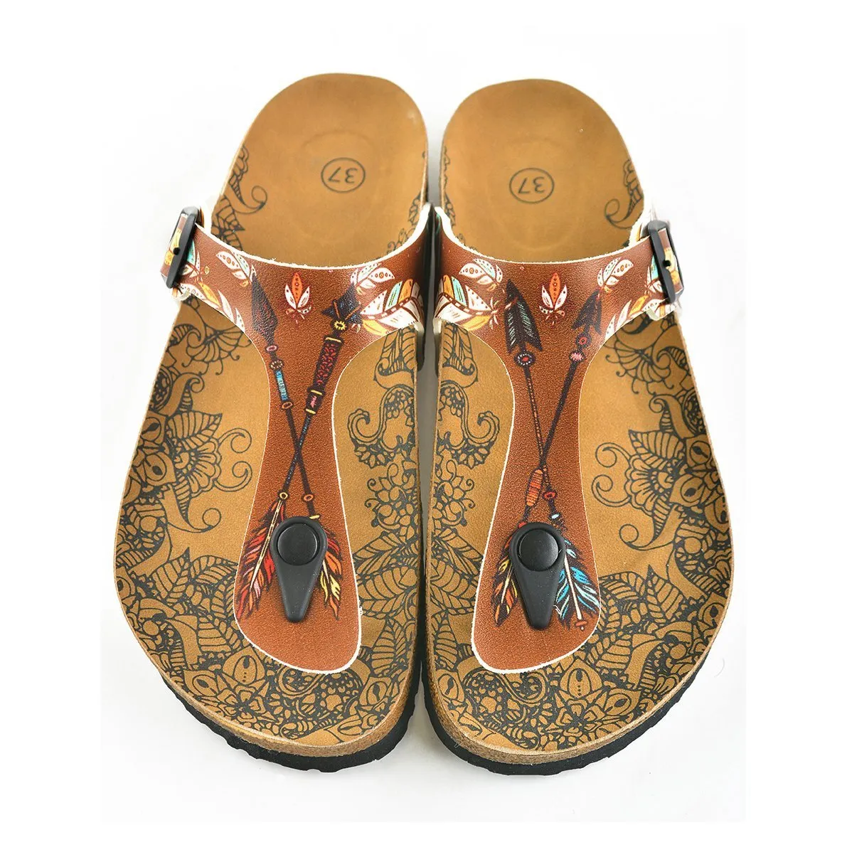 Brown Colored and Black Colored Feather Arrow Patterned Sandal - CAL510