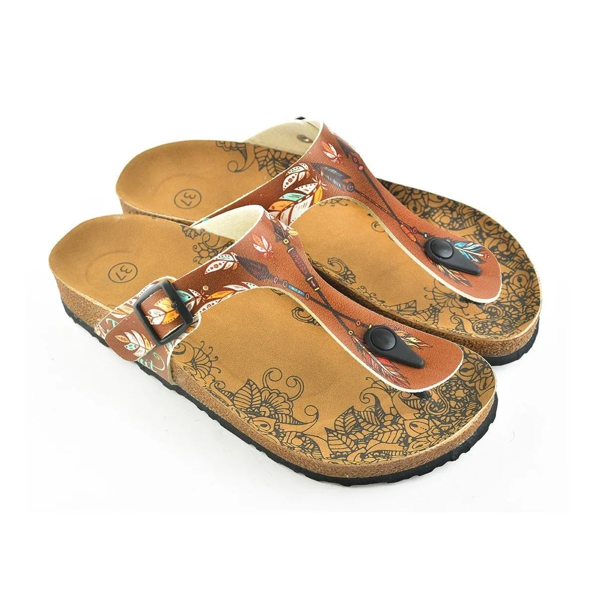 Brown Colored and Black Colored Feather Arrow Patterned Sandal - CAL510
