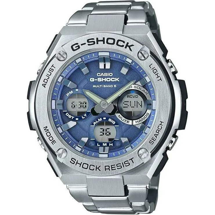 CASIO G-SHOCK G-STEEL RADIO SOLAR SILVER & BLUE ANALOG DIGITAL MEN WATCH GST-W110D-2AJF