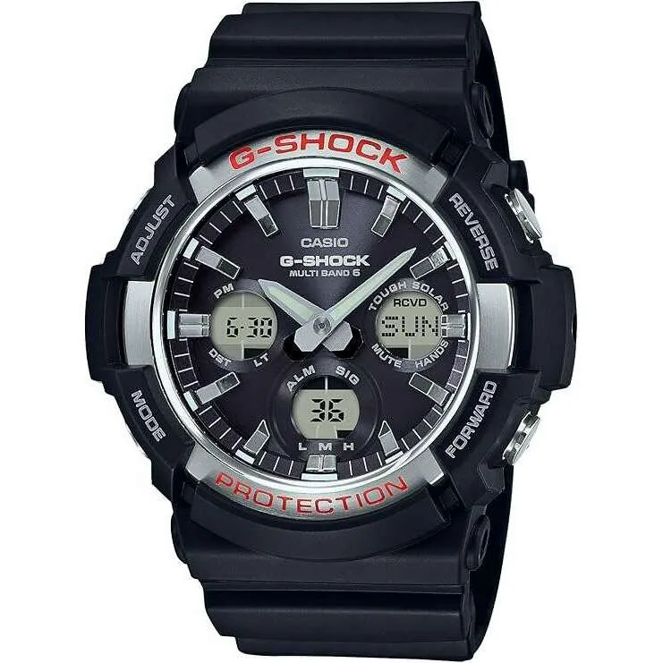 CASIO G-SHOCK RADIO SOLAR ANALOG DIGITAL DIAL BLACK & RED MEN WATCH GAW-100-1AJF