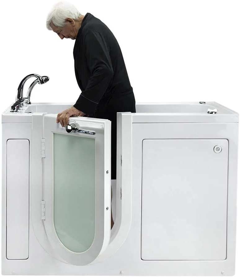 Ella's Bubbles OA2660D-R-HB Lounger Air and Hydro Massage Acrylic Walk-in Bathtub, Right Outward Swing Door, Ella 5pc. Fast-Fill Faucet, Dual 2" Drains, 27" x 60" x 43", White