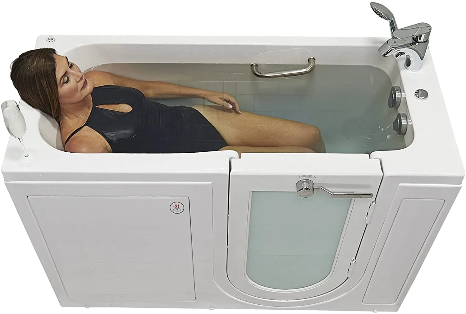 Ella's Bubbles OA2660HH-R Lounger Hydro Massage Acrylic Walk-In Bathtub with Heated Seat, Right Outward Swing Door, Thermostatic Faucet, Dual 2" Drains, 27" x 60" x 43", White