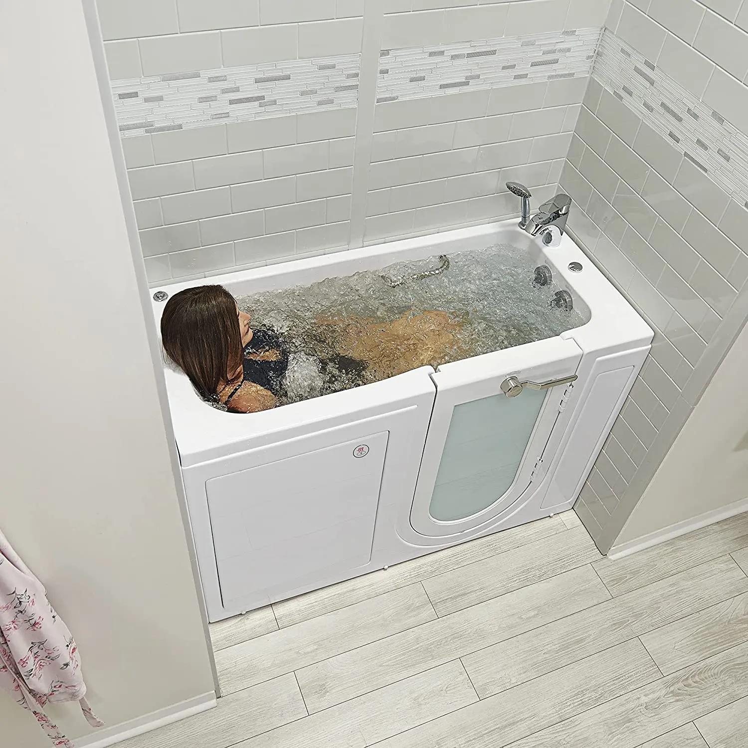 Ella's Bubbles OA2660HH-R Lounger Hydro Massage Acrylic Walk-In Bathtub with Heated Seat, Right Outward Swing Door, Thermostatic Faucet, Dual 2" Drains, 27" x 60" x 43", White