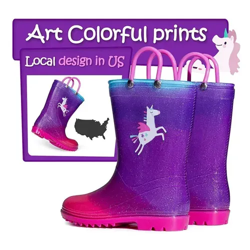 Girls Light Rain Boots Fly Uncorns Kids Shoes - KKOMFORME