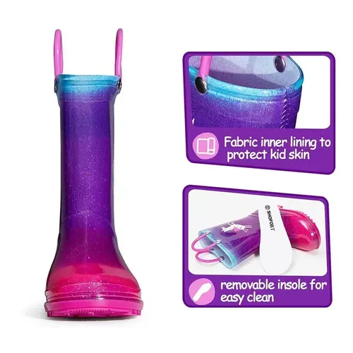 Girls Light Rain Boots Fly Uncorns Kids Shoes - KKOMFORME