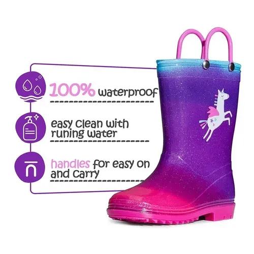 Girls Light Rain Boots Fly Uncorns Kids Shoes - KKOMFORME