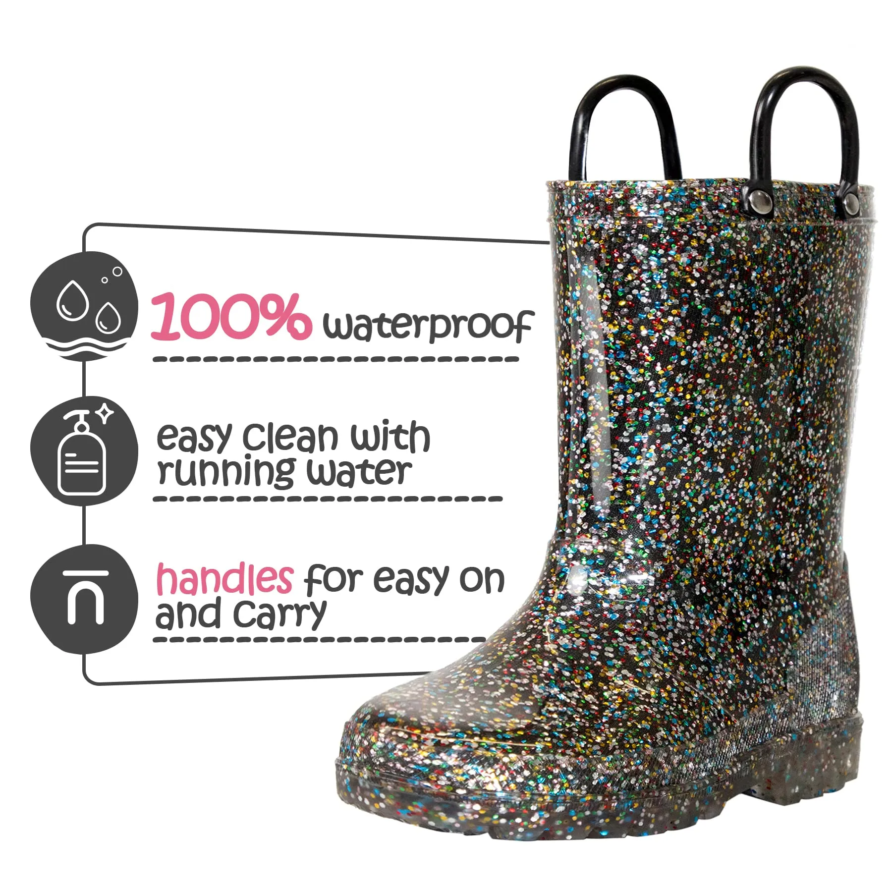 Glitter Easy-On Handle Kids Rain Boots