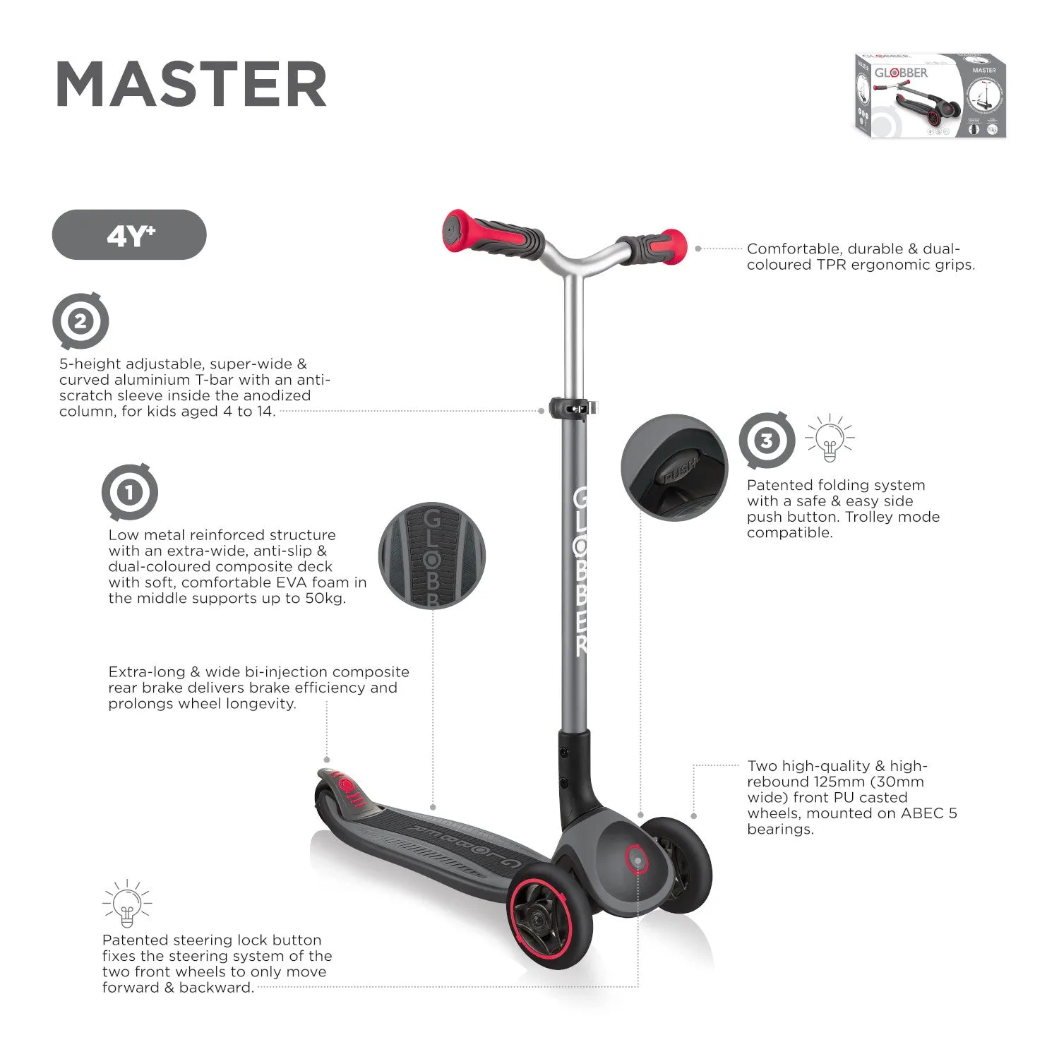 Globber Master Lights 3-Wheels Kids Scooter – Deep Pink