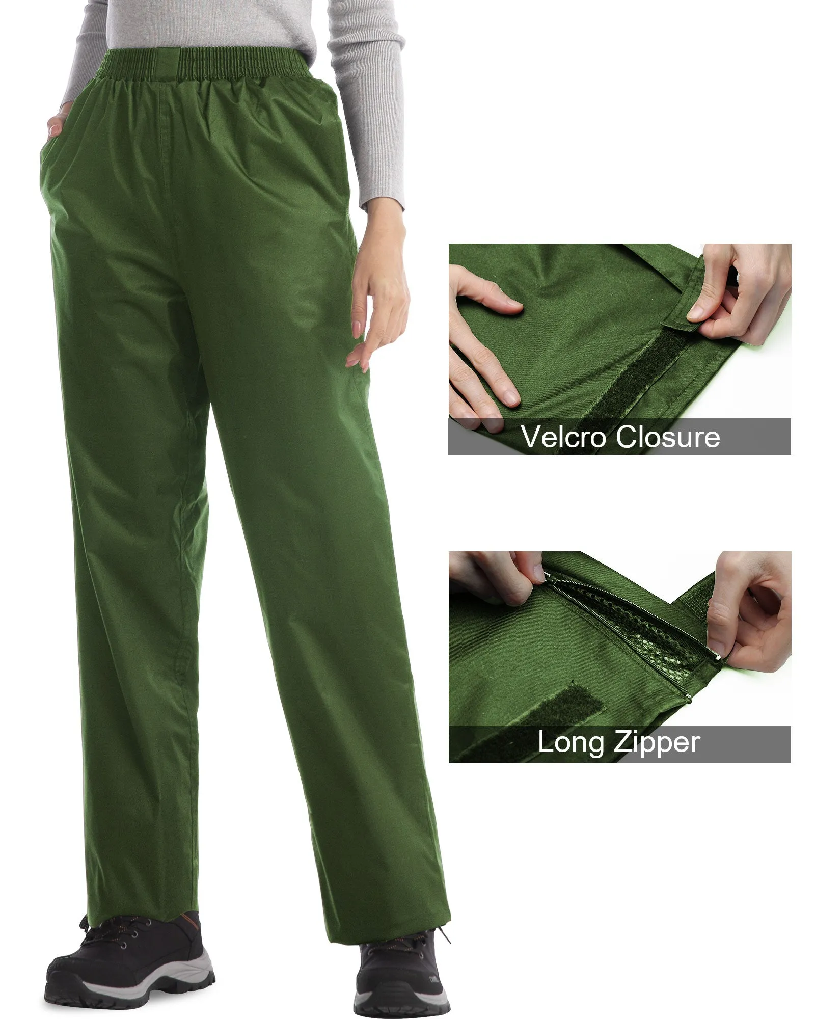 iCreek Women's Rain Pants Waterproof Hiking Pants Windproof Lightweight Over Pants Work Rain Outdoor for Golf, Fishing(Army Green With Pocket)