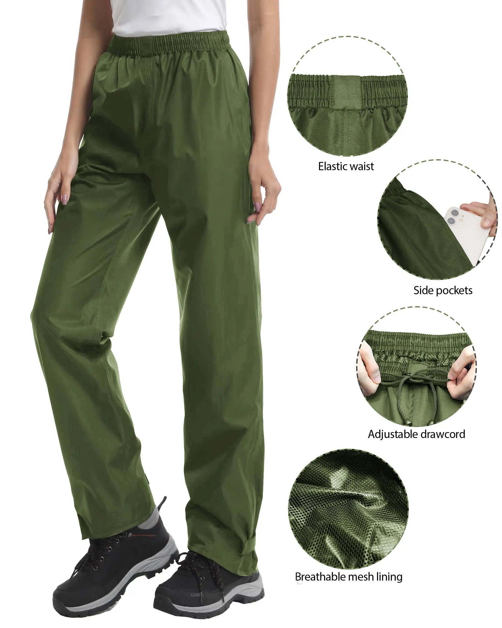 iCreek Women's Rain Pants Waterproof Hiking Pants Windproof Lightweight Over Pants Work Rain Outdoor for Golf, Fishing(Army Green With Pocket)