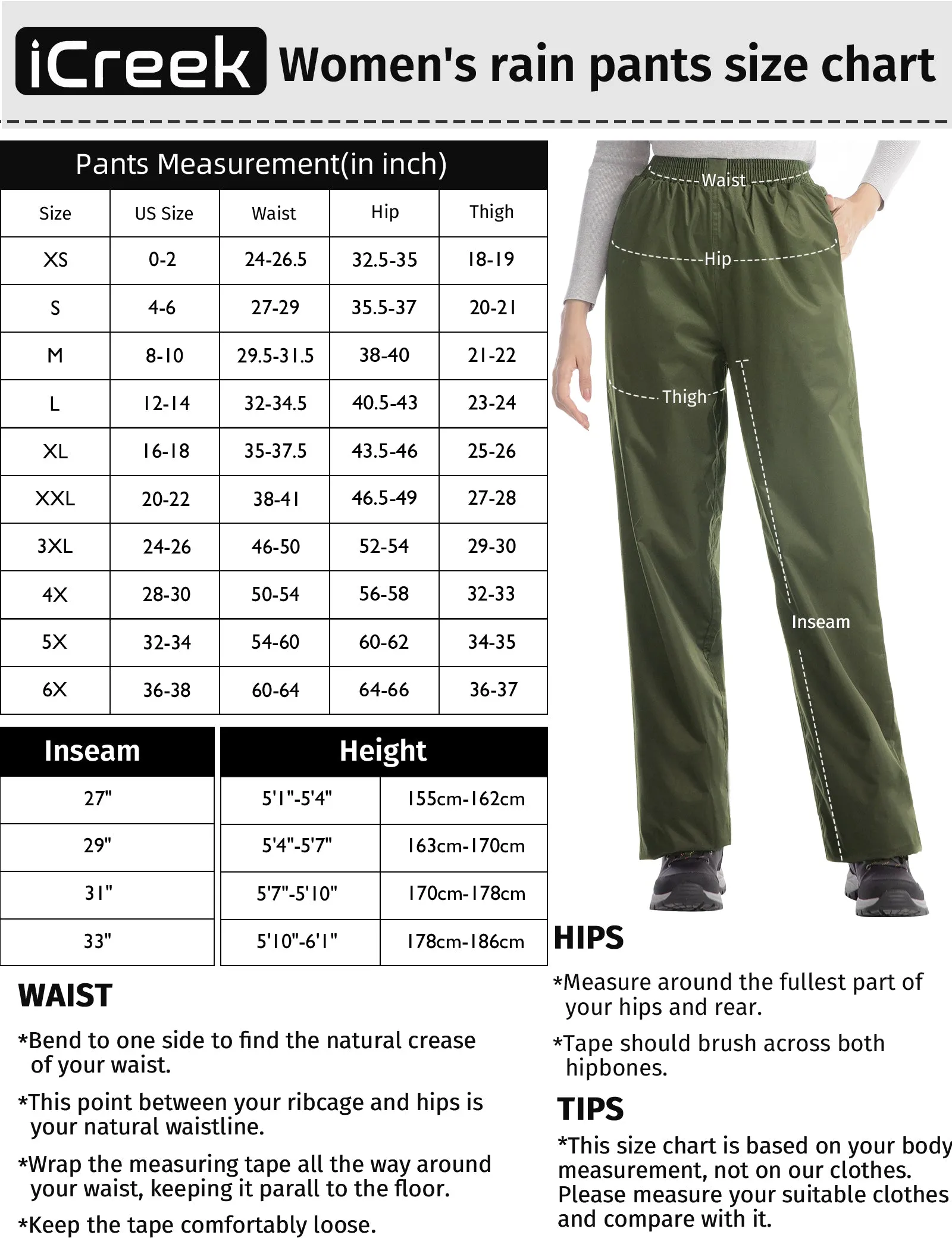 iCreek Women's Rain Pants Waterproof Hiking Pants Windproof Lightweight Over Pants Work Rain Outdoor for Golf, Fishing(Army Green With Pocket)