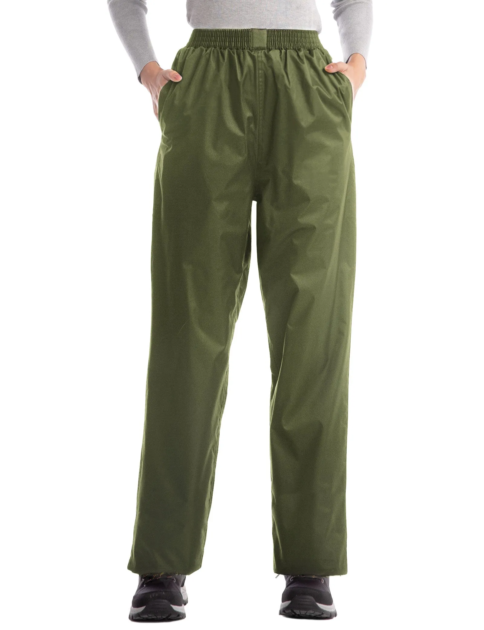 iCreek Women's Rain Pants Waterproof Hiking Pants Windproof Lightweight Over Pants Work Rain Outdoor for Golf, Fishing(Army Green With Pocket)