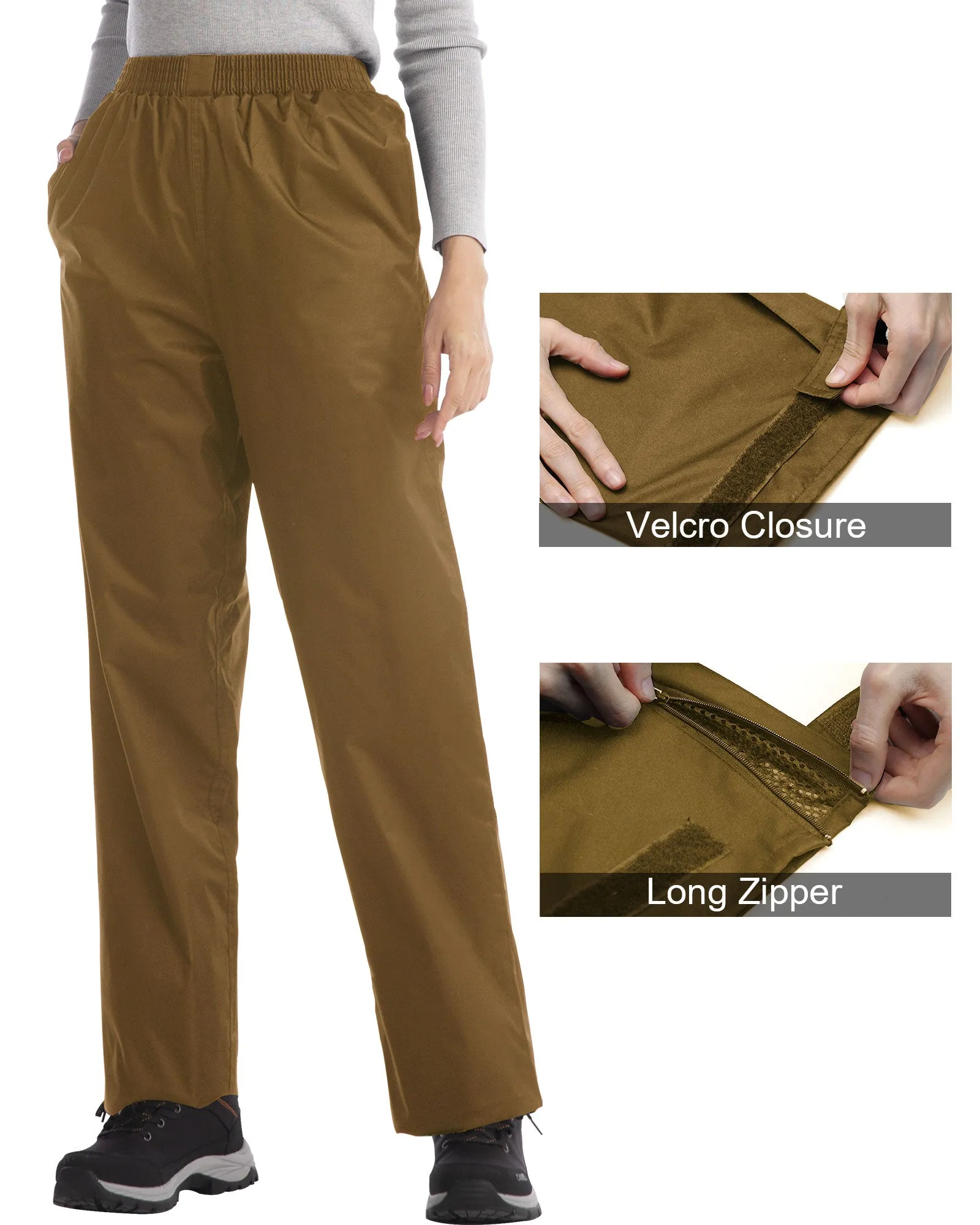 iCreek Women's Rain Pants Waterproof Hiking Pants Windproof Lightweight Over Pants Work Rain Outdoor for Golf, Fishing(Brown With Pocket)