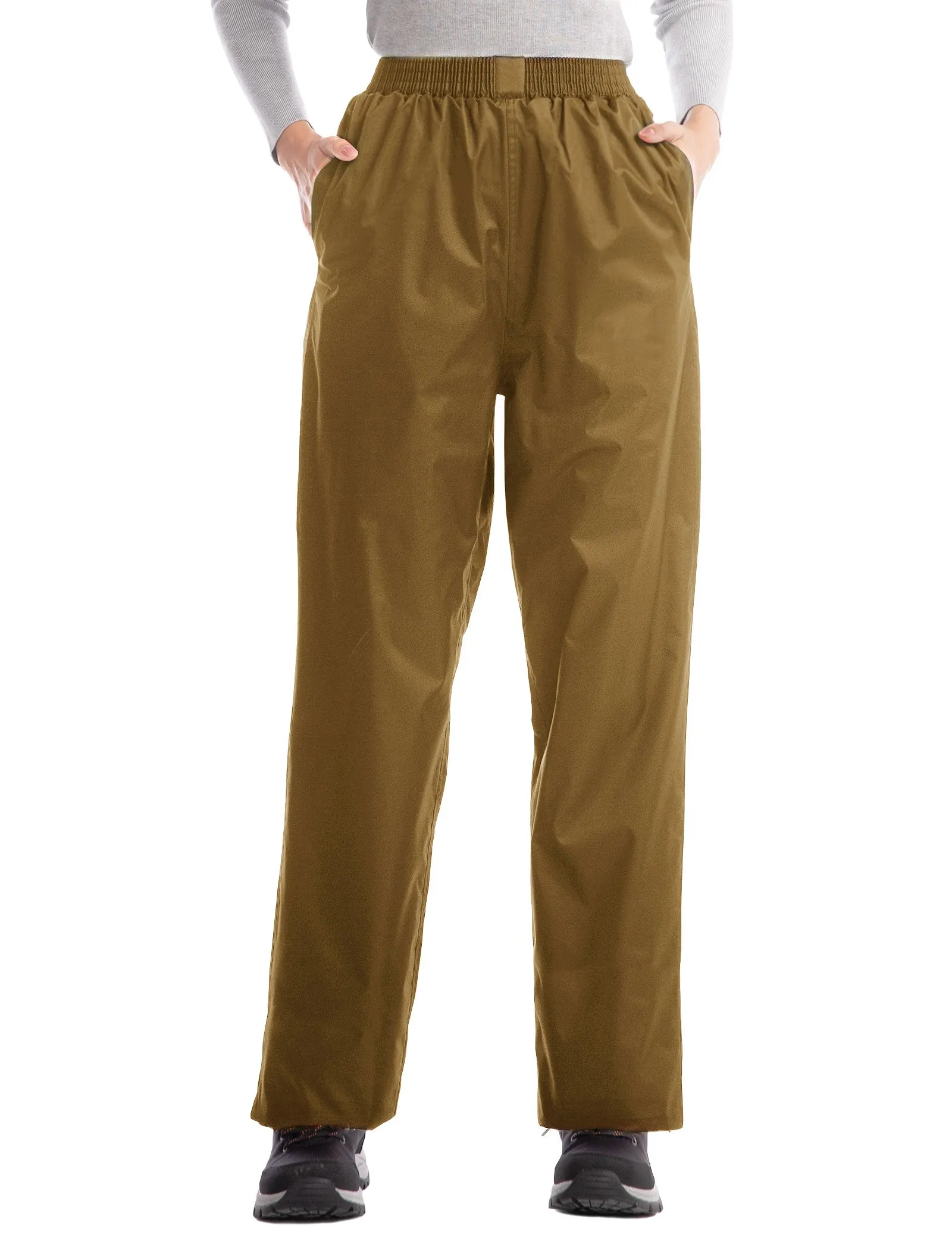 iCreek Women's Rain Pants Waterproof Hiking Pants Windproof Lightweight Over Pants Work Rain Outdoor for Golf, Fishing(Brown With Pocket)