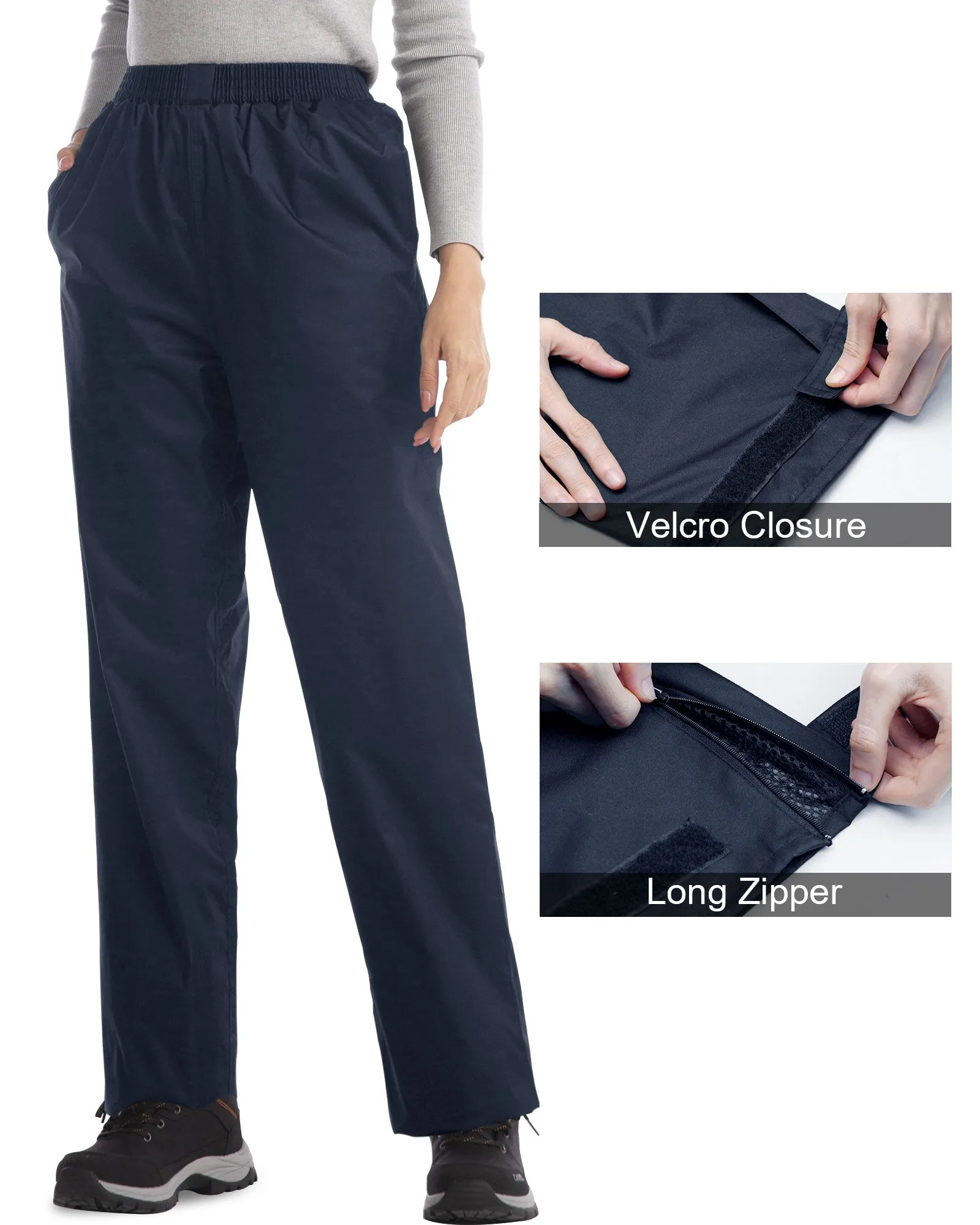 iCreek Women's Rain Pants Waterproof Hiking Pants Windproof Lightweight Over Pants Work Rain Outdoor for Golf, Fishing(Navy Blue With Pocket)