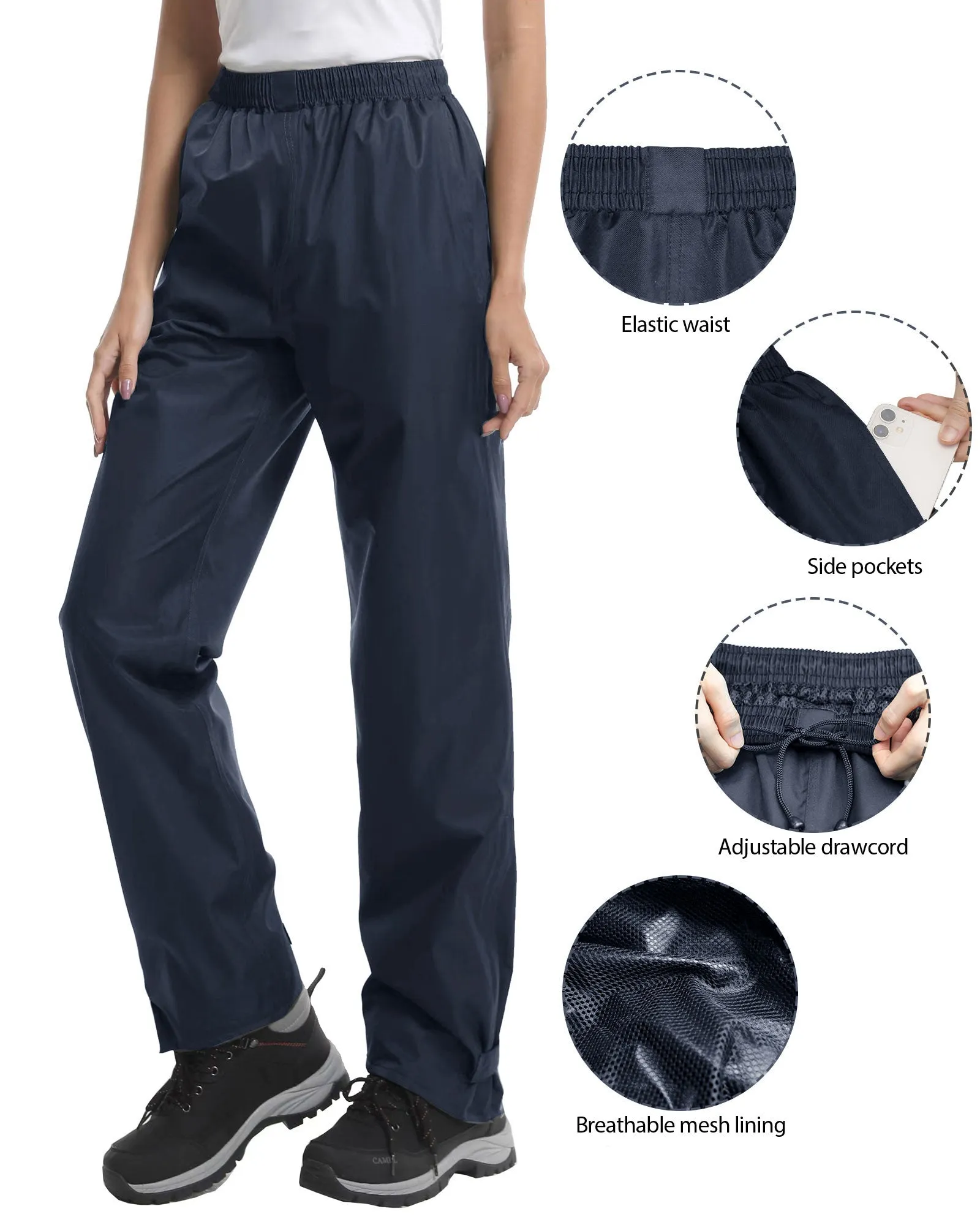 iCreek Women's Rain Pants Waterproof Hiking Pants Windproof Lightweight Over Pants Work Rain Outdoor for Golf, Fishing(Navy Blue With Pocket)