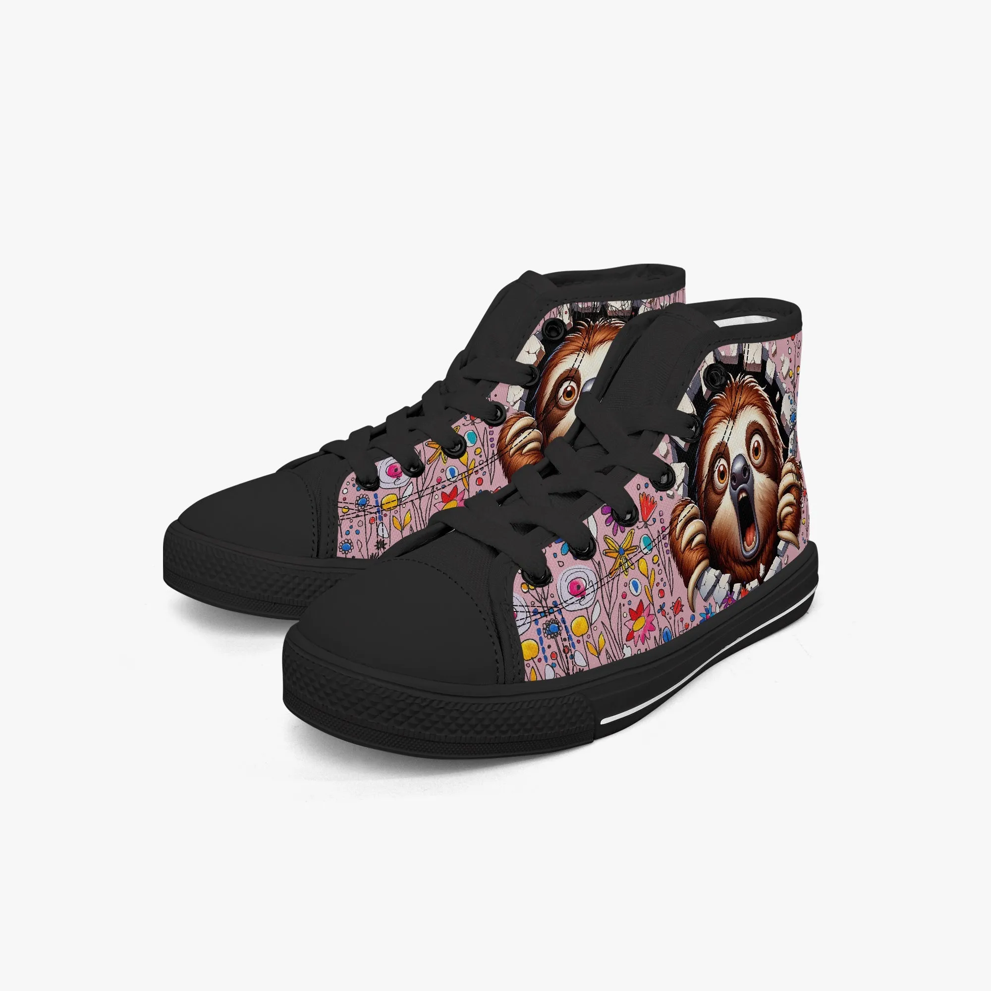 Kid’s High-Top Canvas Shoes-Black Girls' High-Top cartoon Sloth Canvas Shoes
