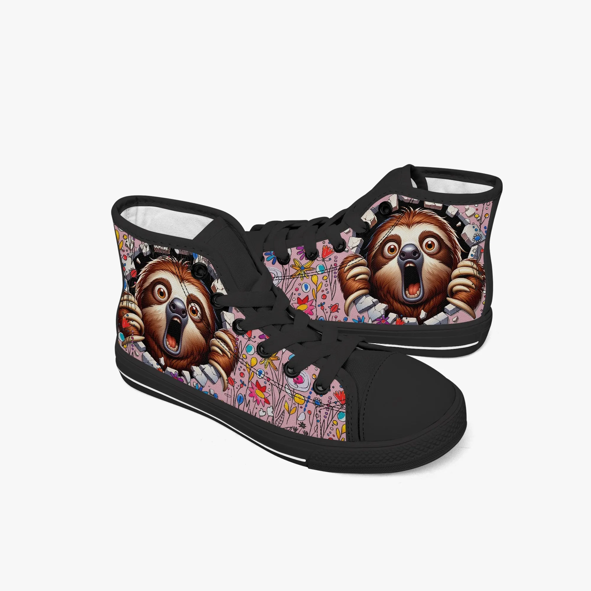 Kid’s High-Top Canvas Shoes-Black Girls' High-Top cartoon Sloth Canvas Shoes