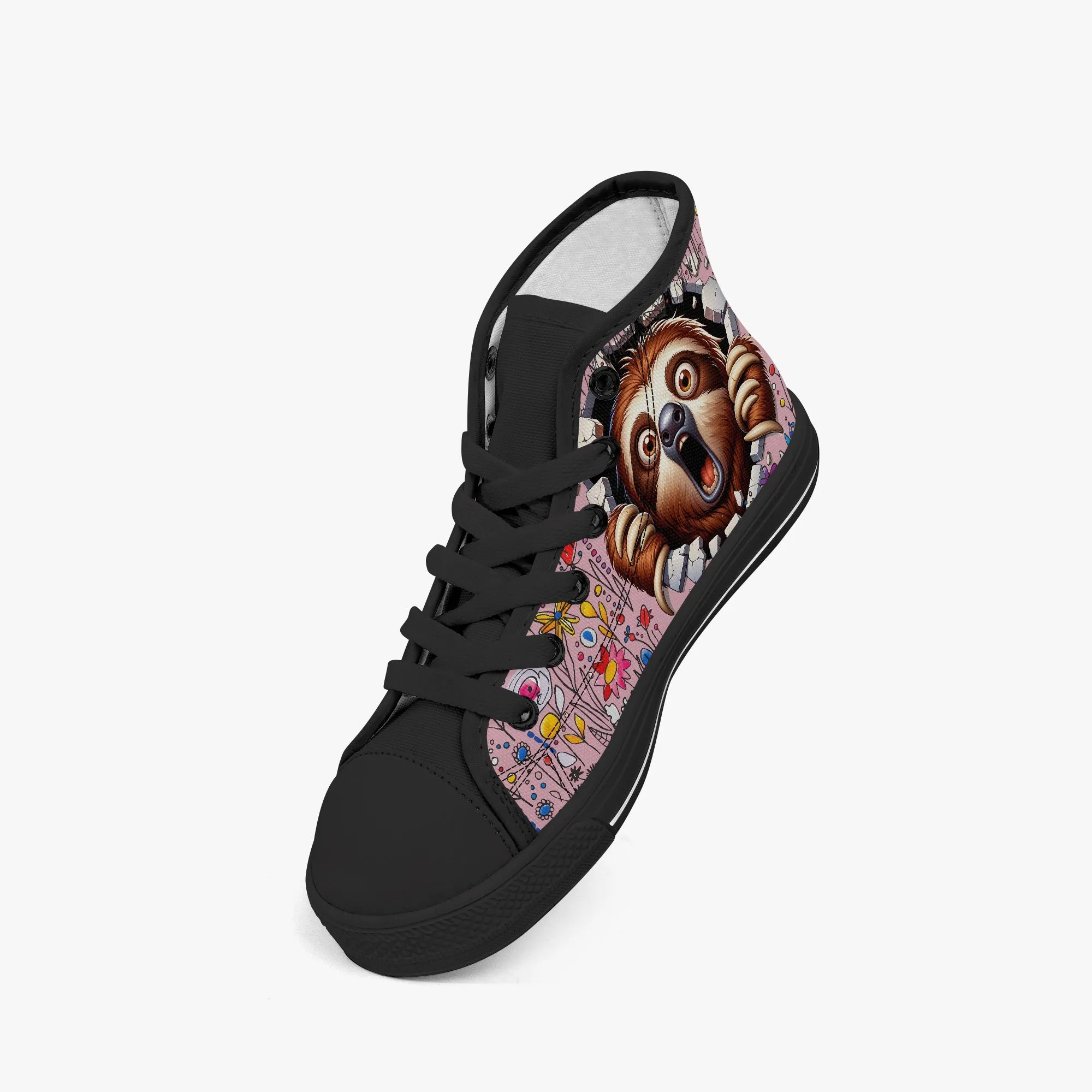 Kid’s High-Top Canvas Shoes-Black Girls' High-Top cartoon Sloth Canvas Shoes
