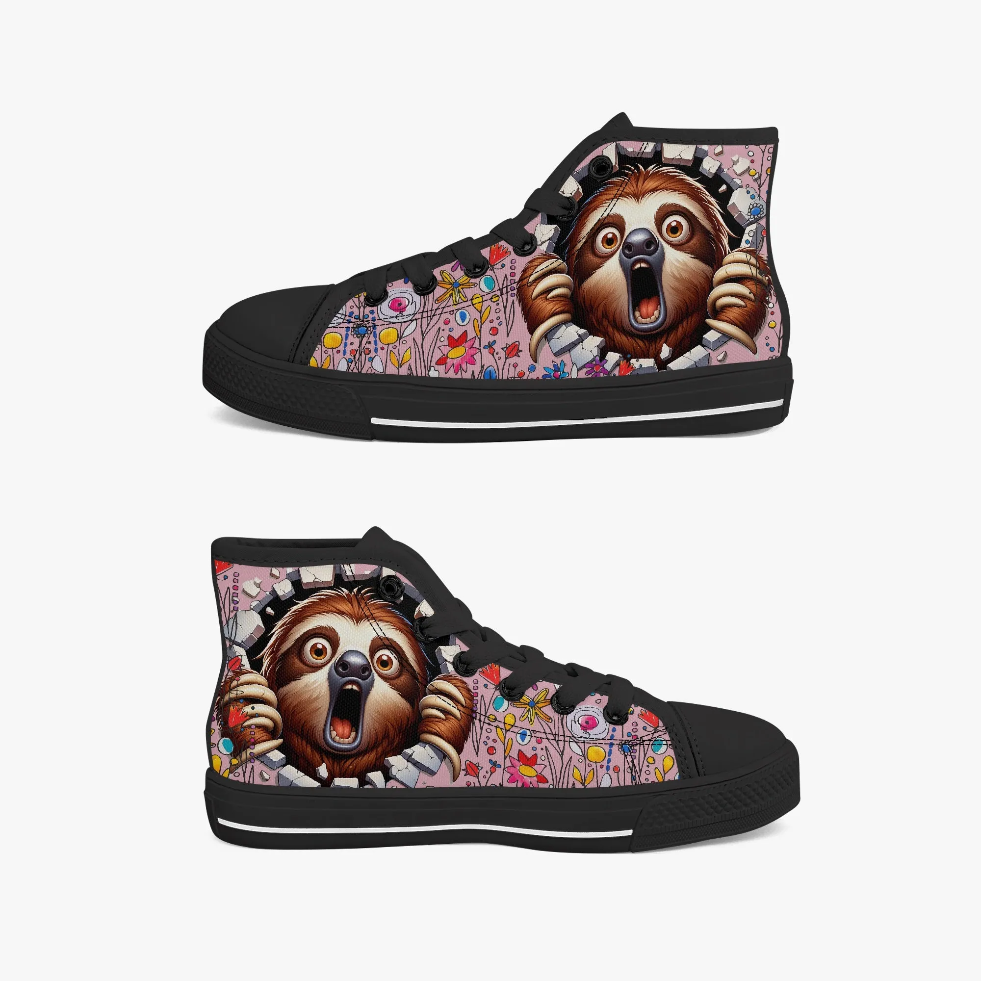 Kid’s High-Top Canvas Shoes-Black Girls' High-Top cartoon Sloth Canvas Shoes