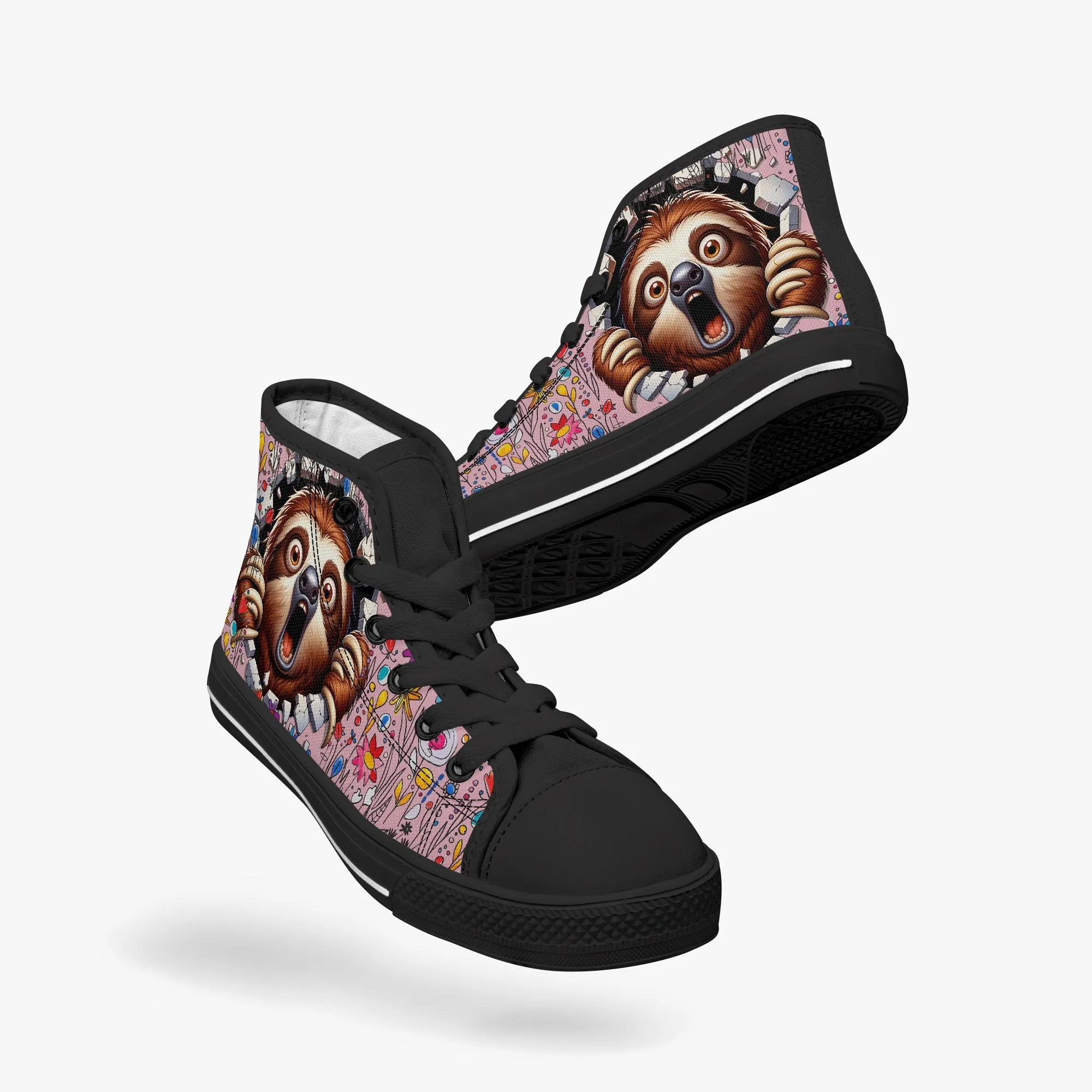 Kid’s High-Top Canvas Shoes-Black Girls' High-Top cartoon Sloth Canvas Shoes