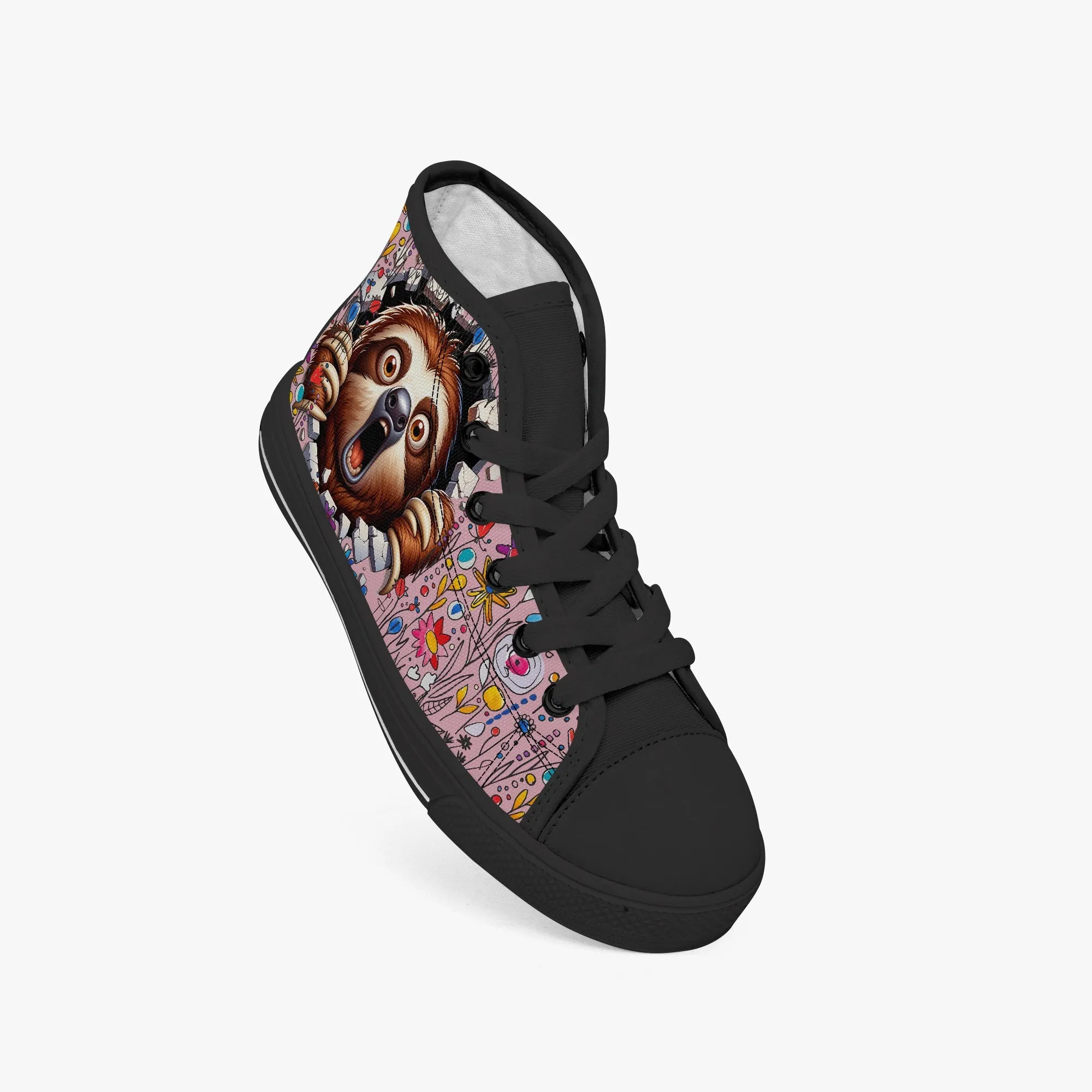 Kid’s High-Top Canvas Shoes-Black Girls' High-Top cartoon Sloth Canvas Shoes
