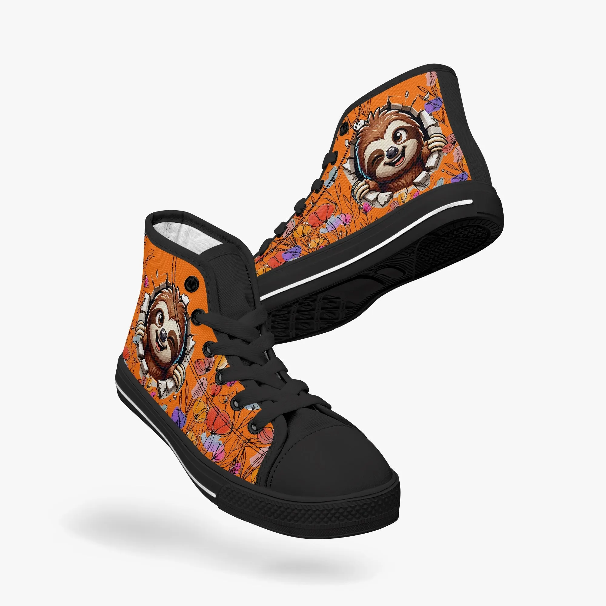 Kid’s High-Top Canvas Shoes-Black Girls' High-Top Sloth cartoon Canvas Shoes