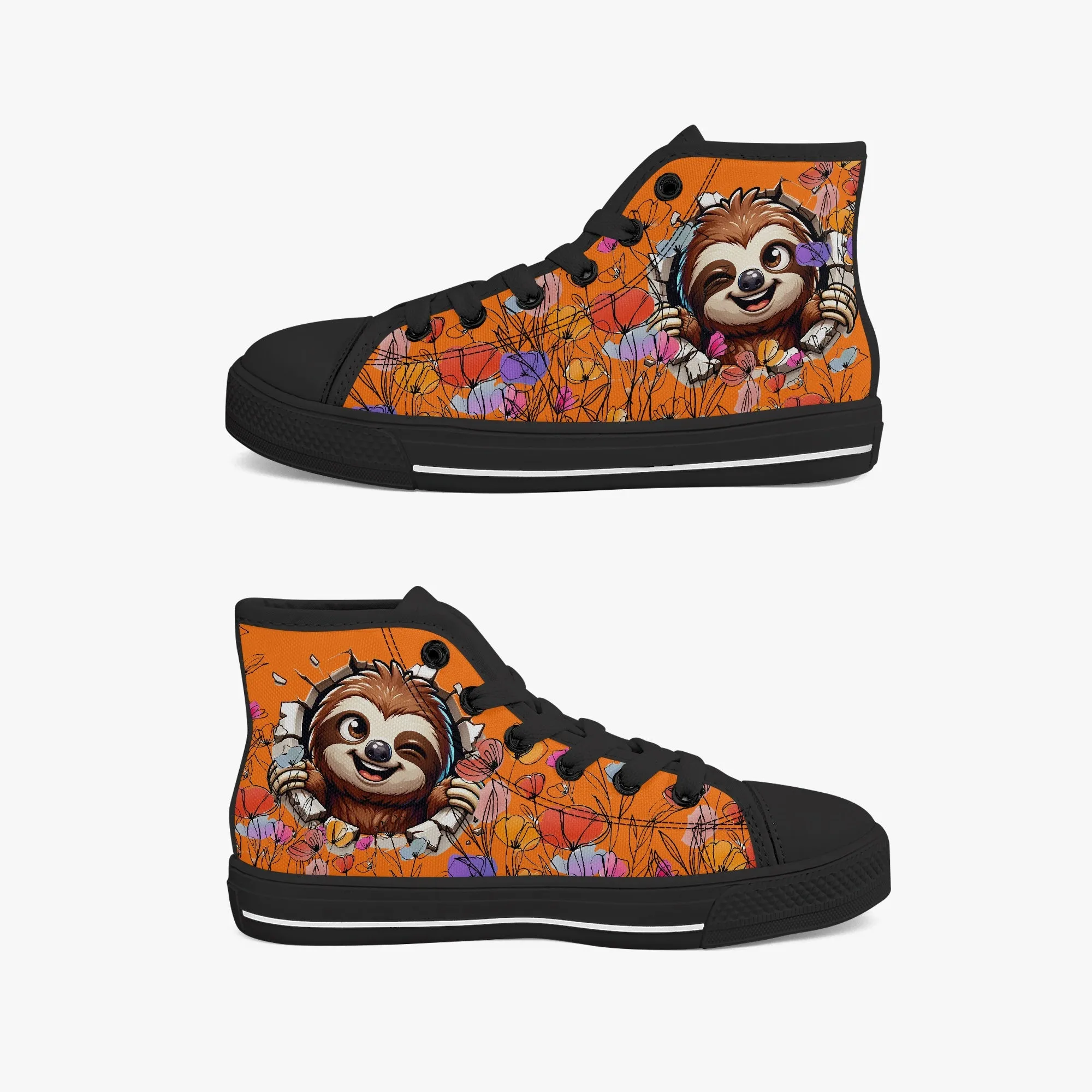 Kid’s High-Top Canvas Shoes-Black Girls' High-Top Sloth cartoon Canvas Shoes