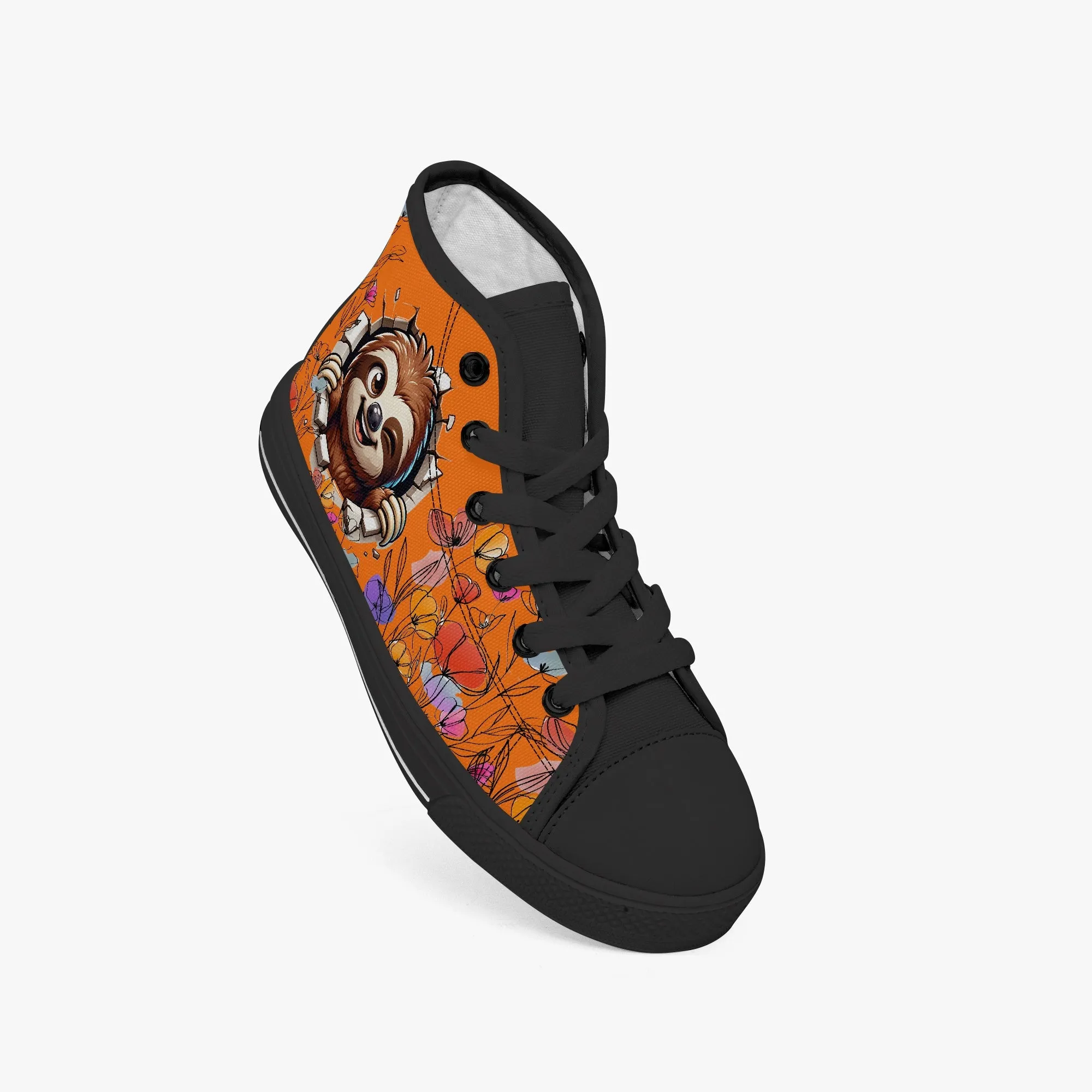 Kid’s High-Top Canvas Shoes-Black Girls' High-Top Sloth cartoon Canvas Shoes