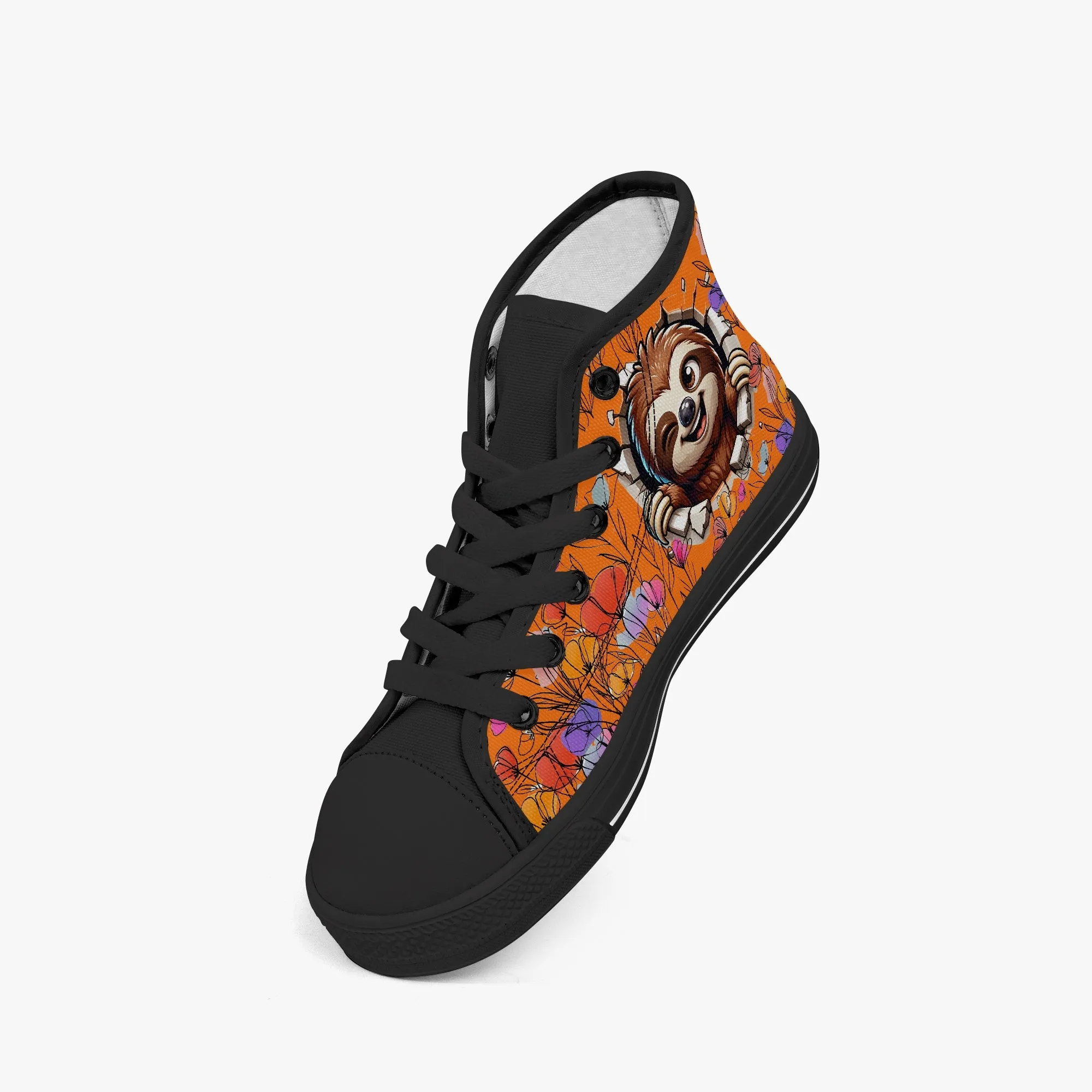 Kid’s High-Top Canvas Shoes-Black Girls' High-Top Sloth cartoon Canvas Shoes