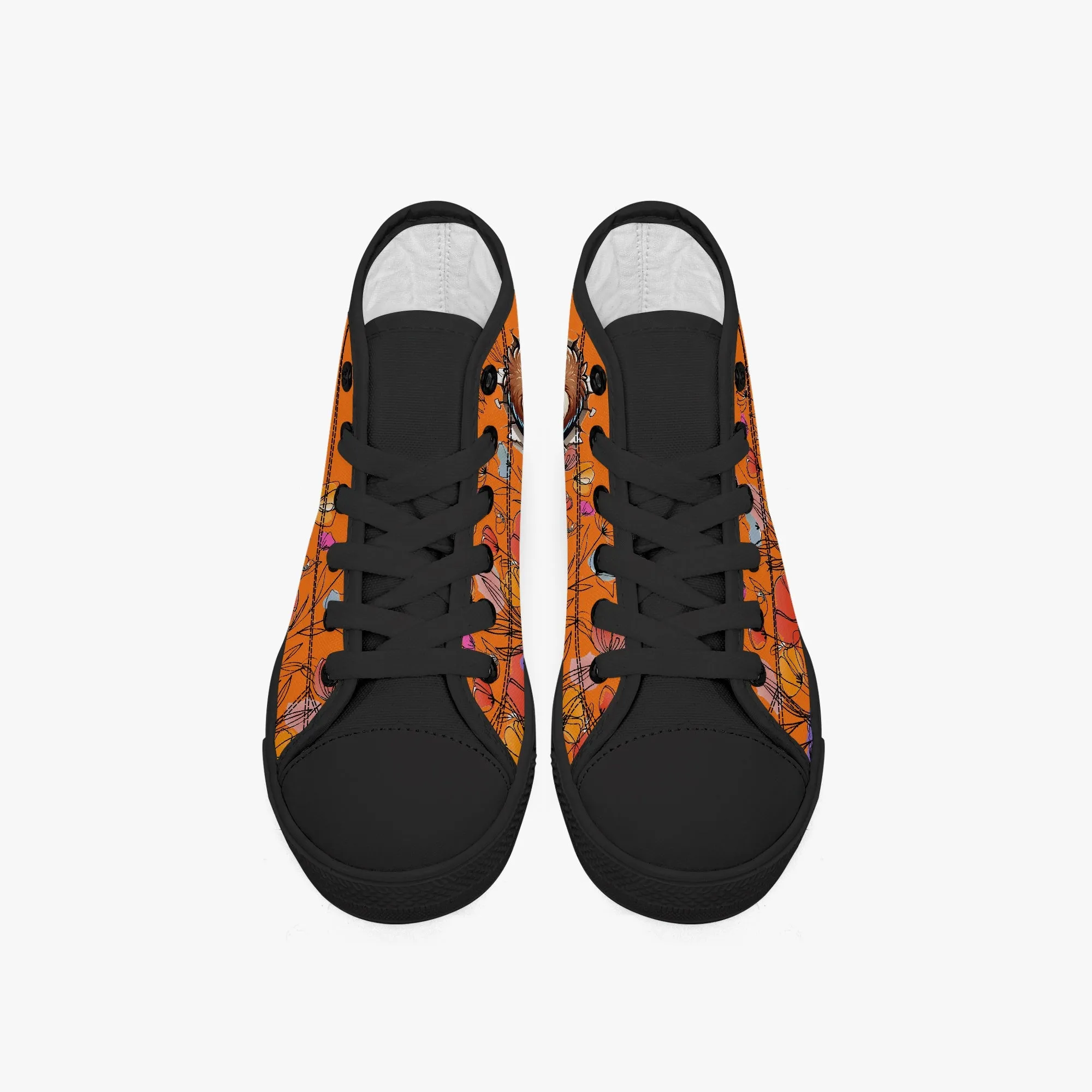 Kid’s High-Top Canvas Shoes-Black Girls' High-Top Sloth cartoon Canvas Shoes