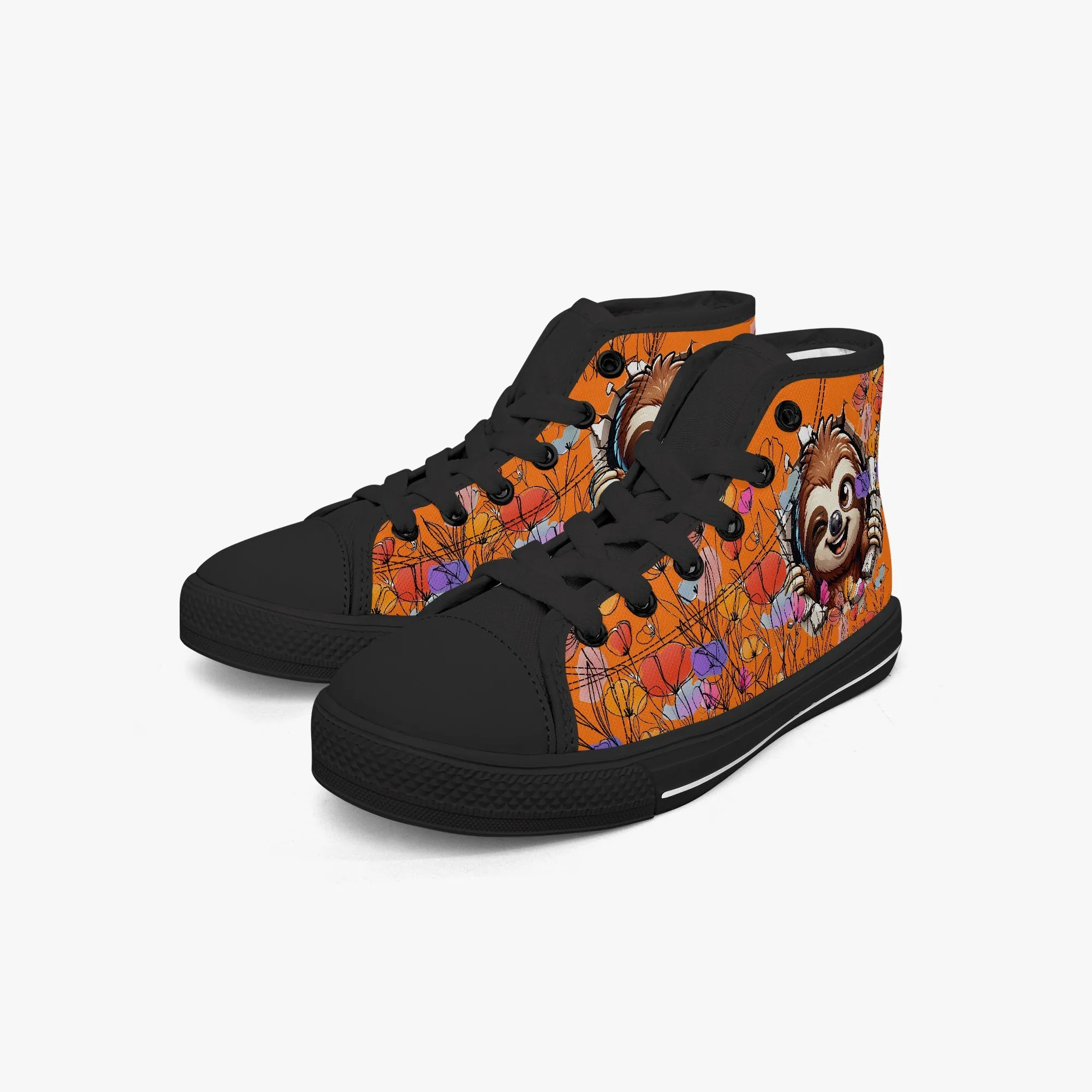 Kid’s High-Top Canvas Shoes-Black Girls' High-Top Sloth cartoon Canvas Shoes