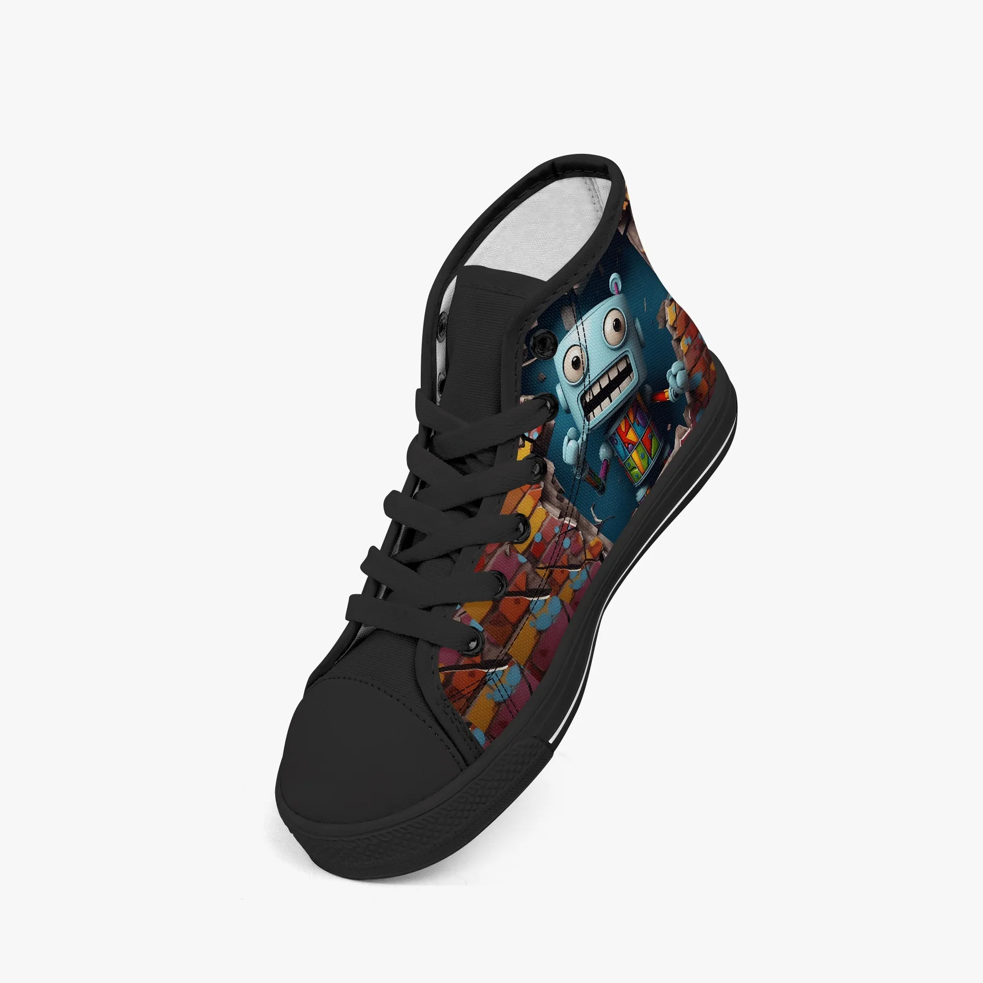 Kid’s High-Top Canvas Shoes-Black Kids' High-Top Canvas Shoes – Cartoon 3D Robot Breaking Through Crack Wall