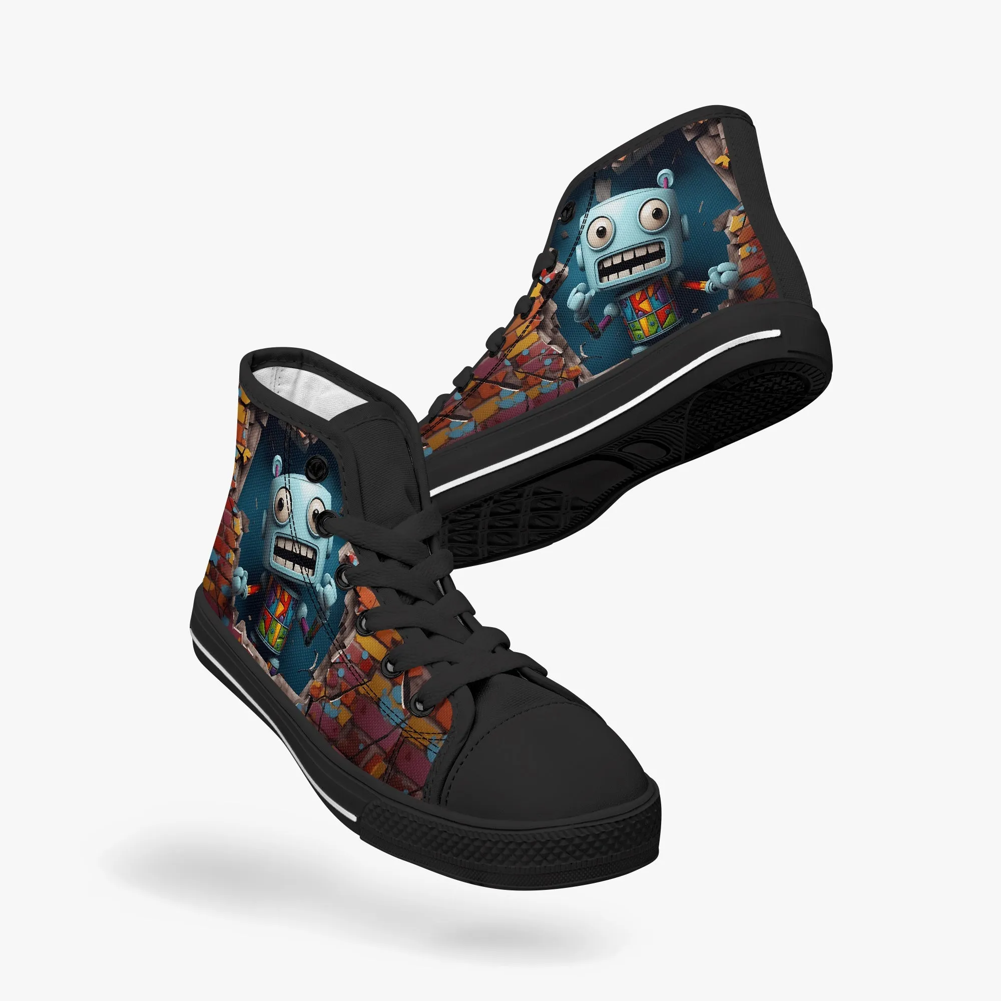 Kid’s High-Top Canvas Shoes-Black Kids' High-Top Canvas Shoes – Cartoon 3D Robot Breaking Through Crack Wall