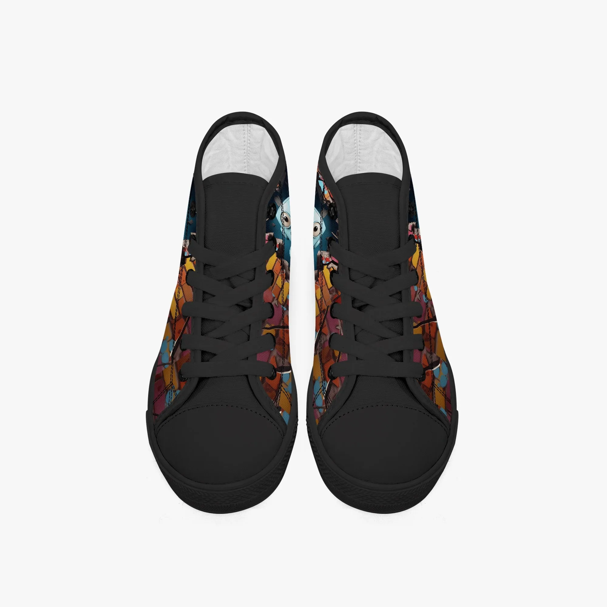 Kid’s High-Top Canvas Shoes-Black Kids' High-Top Canvas Shoes – Cartoon 3D Robot Breaking Through Crack Wall