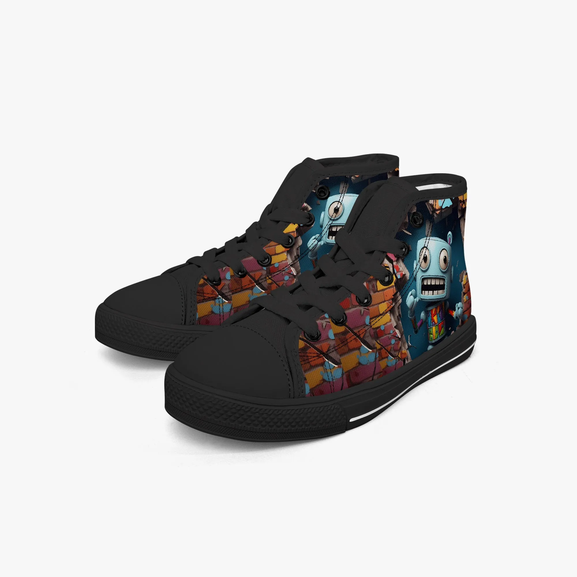 Kid’s High-Top Canvas Shoes-Black Kids' High-Top Canvas Shoes – Cartoon 3D Robot Breaking Through Crack Wall