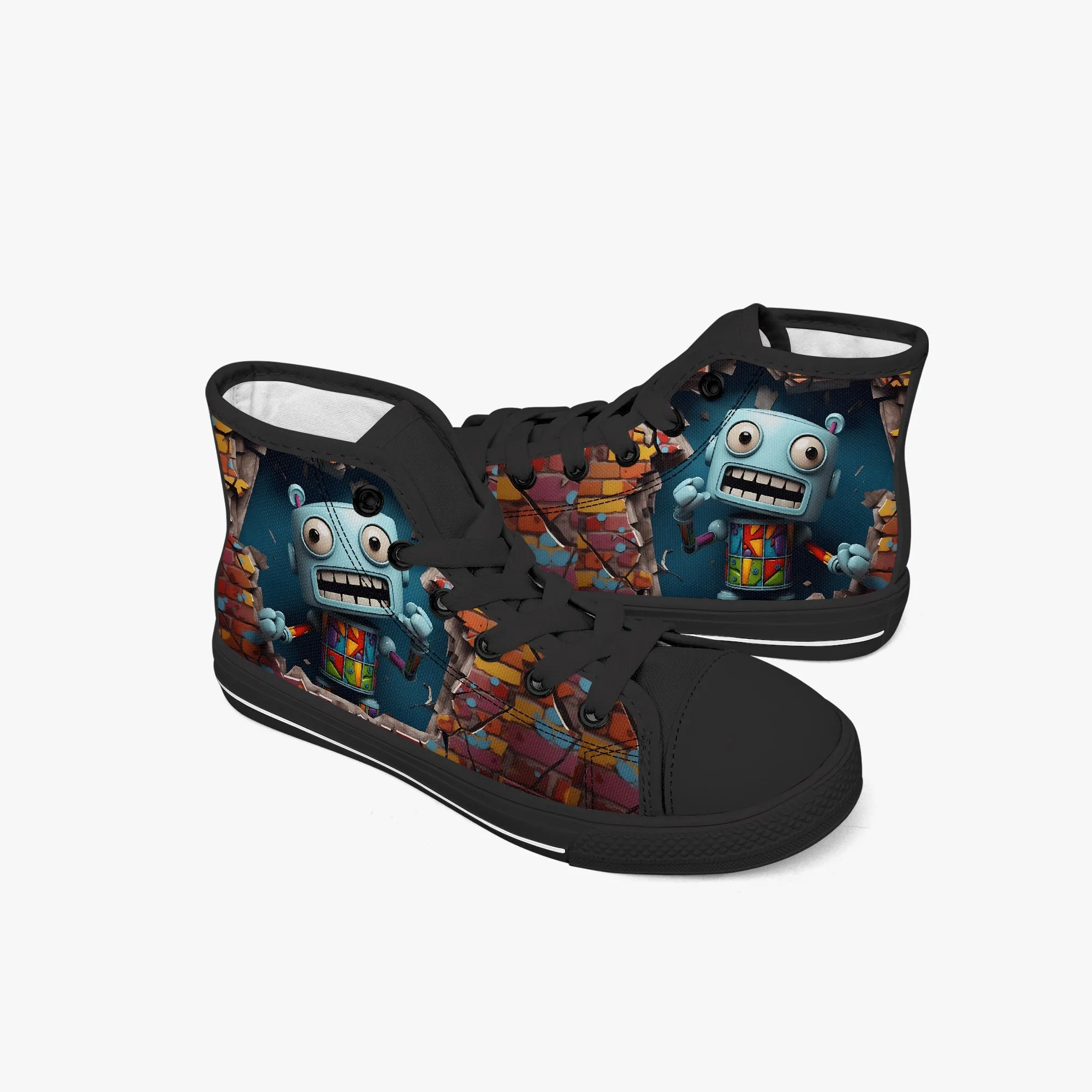Kid’s High-Top Canvas Shoes-Black Kids' High-Top Canvas Shoes – Cartoon 3D Robot Breaking Through Crack Wall