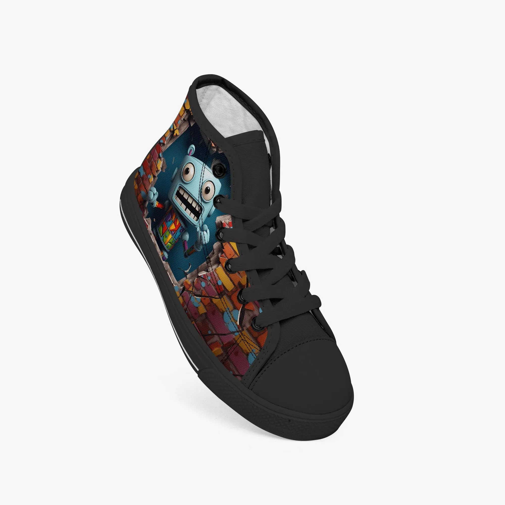 Kid’s High-Top Canvas Shoes-Black Kids' High-Top Canvas Shoes – Cartoon 3D Robot Breaking Through Crack Wall