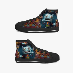 Kid’s High-Top Canvas Shoes-Black Kids' High-Top Canvas Shoes – Cartoon 3D Robot Breaking Through Crack Wall