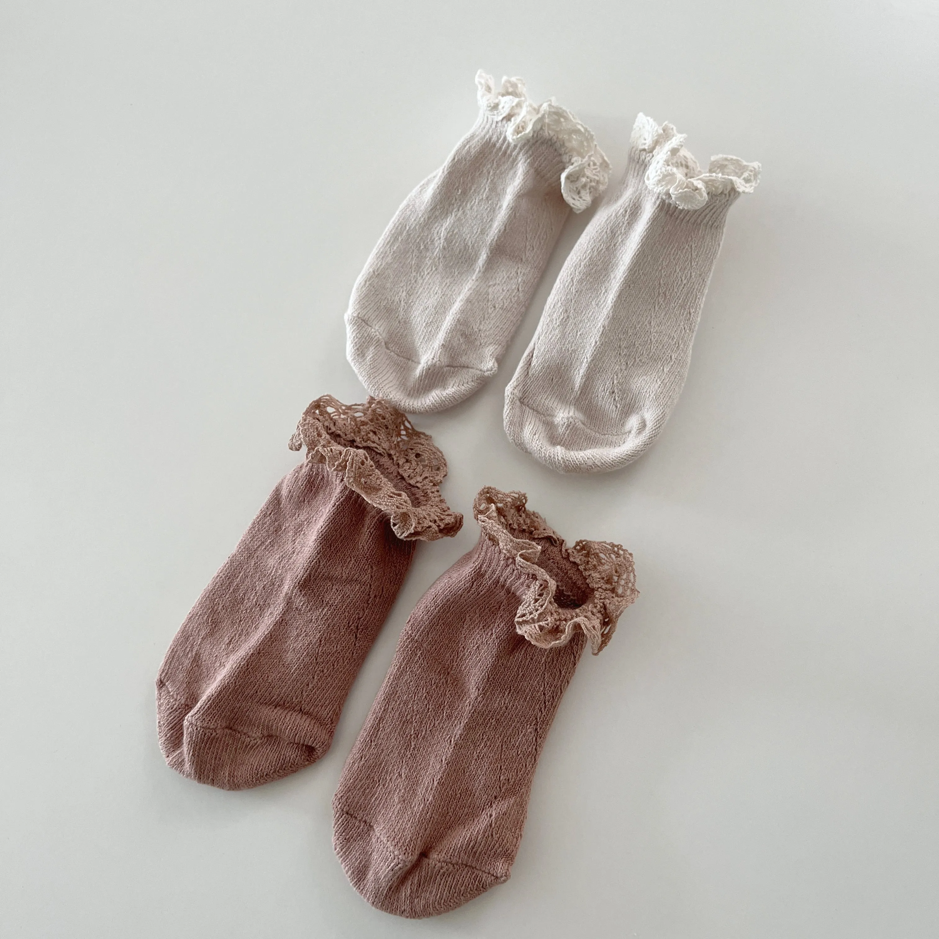 Lucy Eyelet Laced Socks, Light Beige