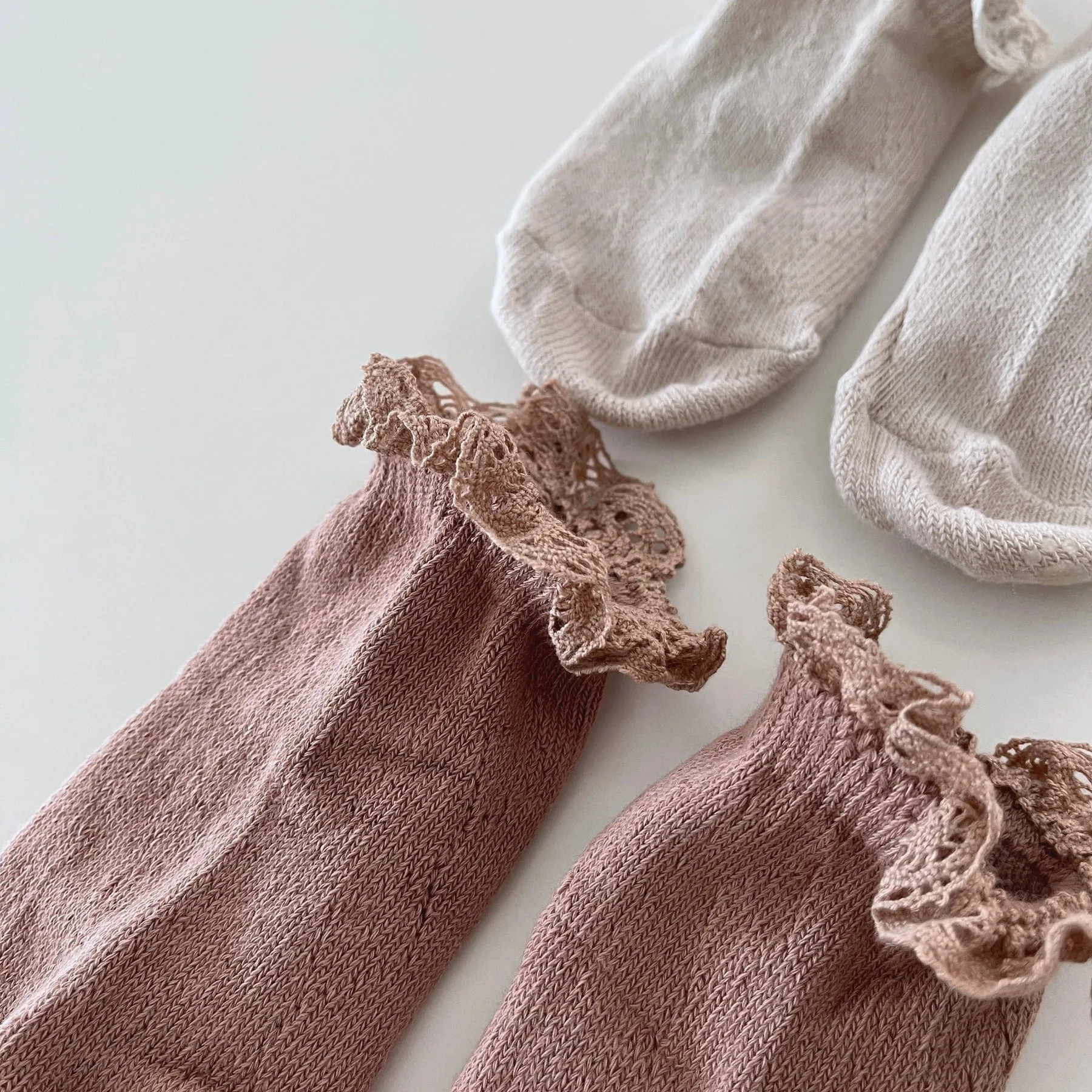 Lucy Eyelet Laced Socks, Light Beige